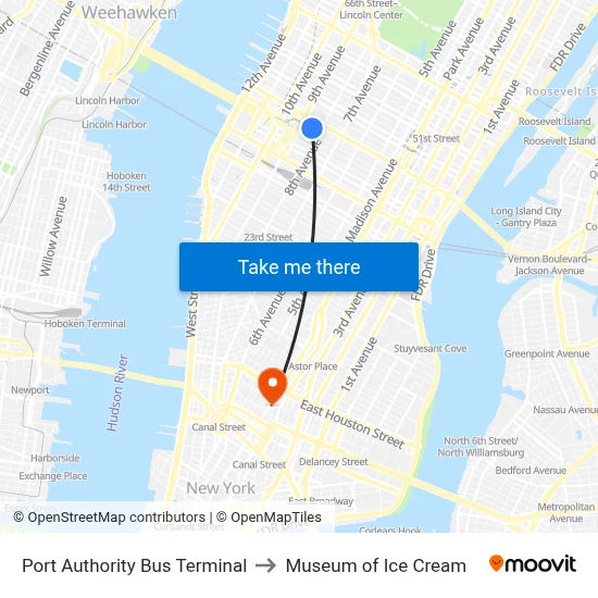 Port Authority Bus Terminal to Museum of Ice Cream map