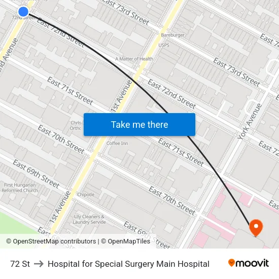 72 St to Hospital for Special Surgery Main Hospital map