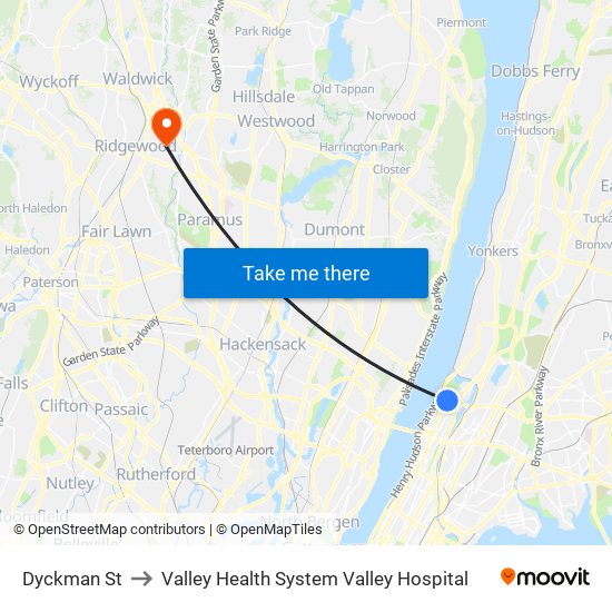 Dyckman St to Valley Health System Valley Hospital map