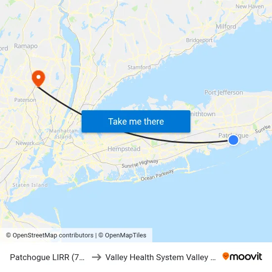 Patchogue LIRR (77, 77y) to Valley Health System Valley Hospital map