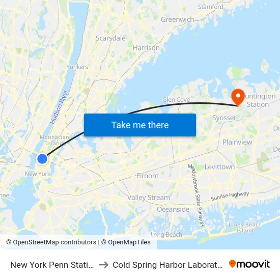New York Penn Station to Cold Spring Harbor Laboratory map