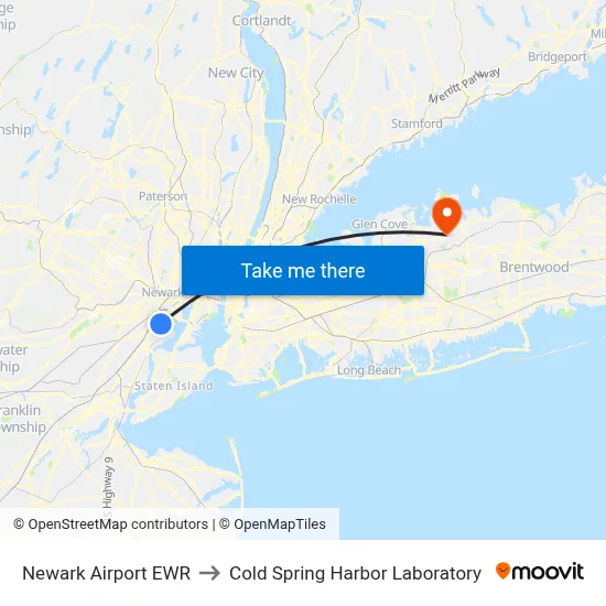 Newark Airport EWR to Cold Spring Harbor Laboratory map