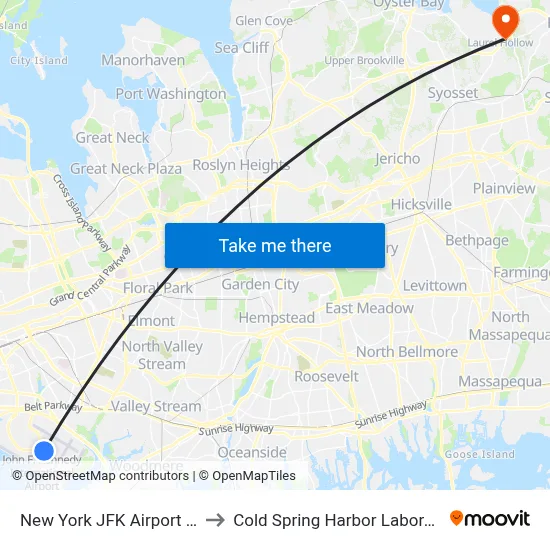 New York JFK Airport JFK to Cold Spring Harbor Laboratory map