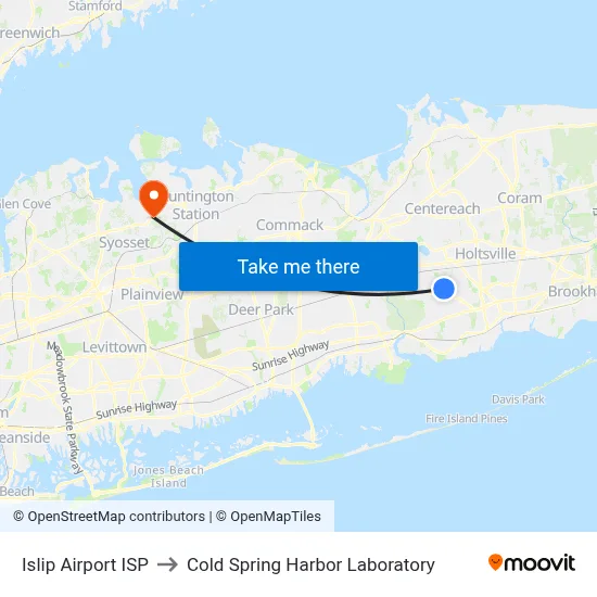 Islip Airport ISP to Cold Spring Harbor Laboratory map