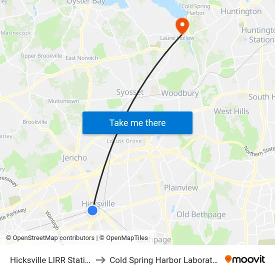 Hicksville LIRR Station to Cold Spring Harbor Laboratory map