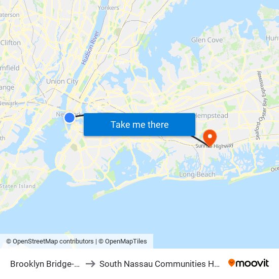 Brooklyn Bridge-City Hall to South Nassau Communities Hospital Annex map