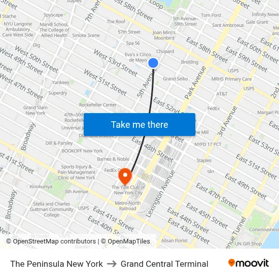 The Peninsula New York to Grand Central Terminal map