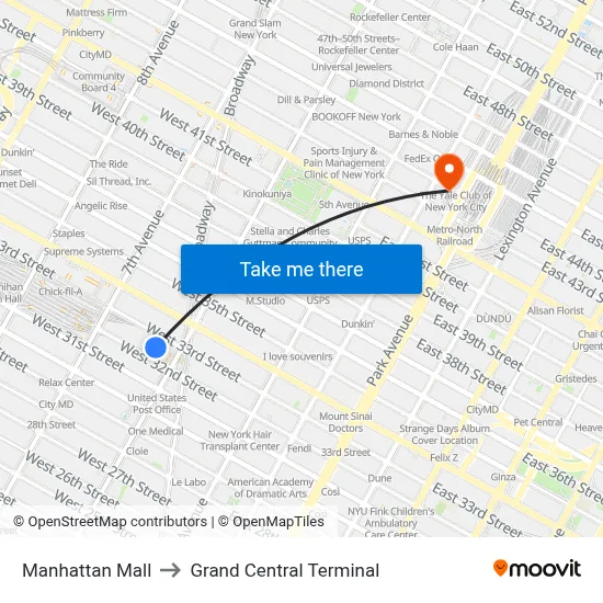 Manhattan Mall to Grand Central Terminal map