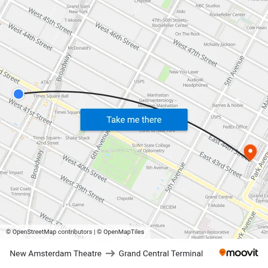 New Amsterdam Theatre to Grand Central Terminal map