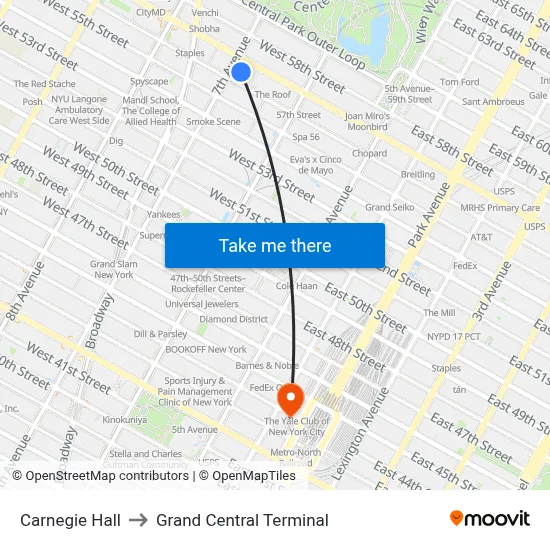 Carnegie Hall to Grand Central Terminal map
