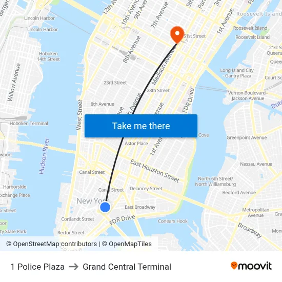 1 Police Plaza to Grand Central Terminal map