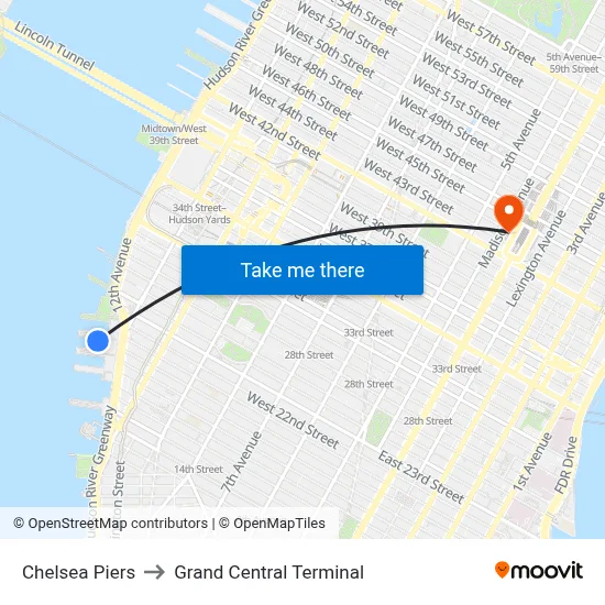 Chelsea Piers to Grand Central Terminal map