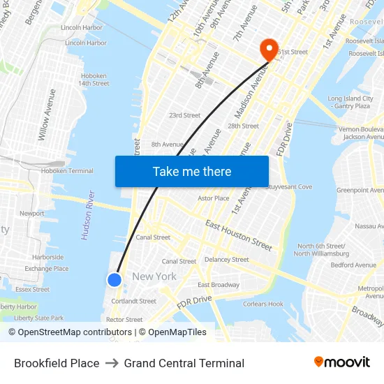 Brookfield Place to Grand Central Terminal map