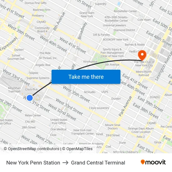 New York Penn Station to Grand Central Terminal map