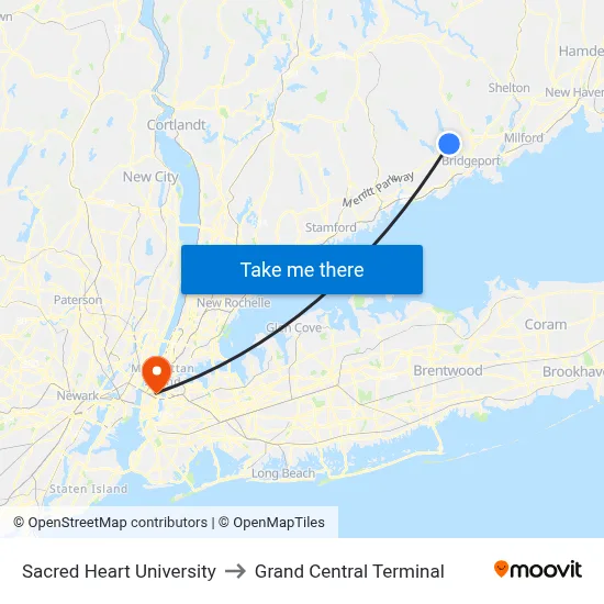 Sacred Heart University to Grand Central Terminal map
