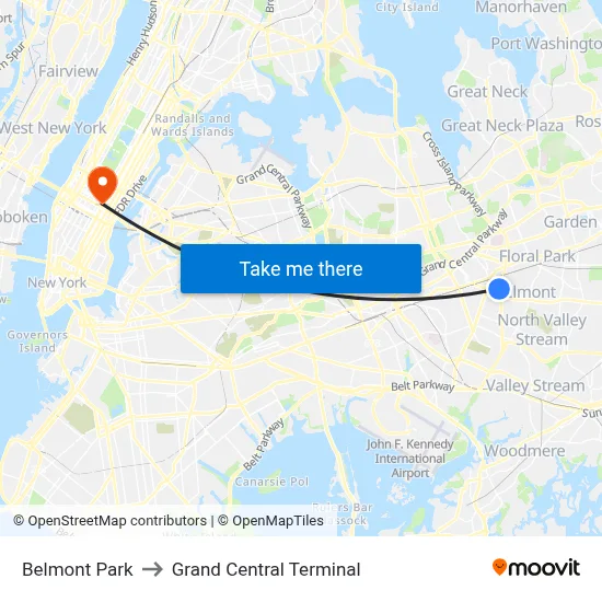 Belmont Park to Grand Central Terminal map