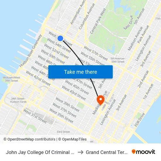 John Jay College Of Criminal Justice to Grand Central Terminal map