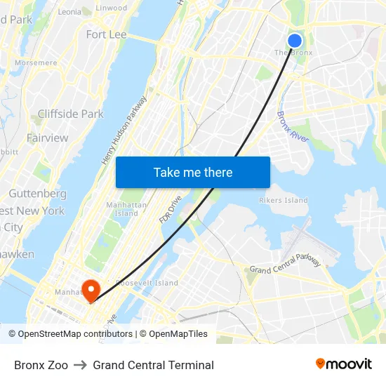 Bronx Zoo to Grand Central Terminal map
