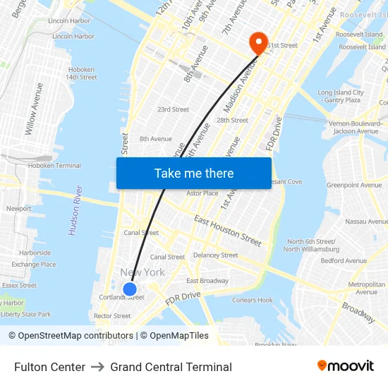 Fulton Center to Grand Central Terminal map