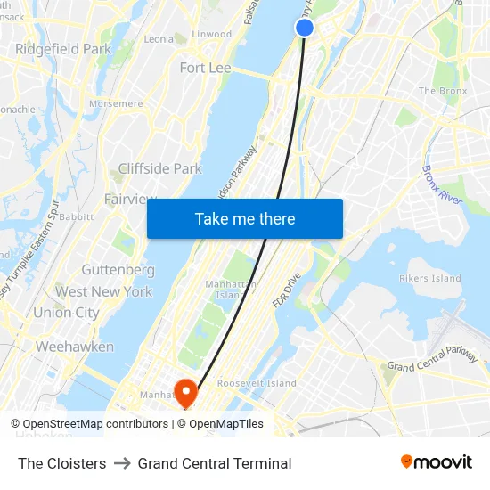 The Cloisters to Grand Central Terminal map