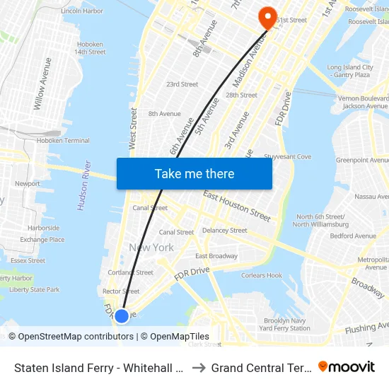 Staten Island Ferry - Whitehall Terminal to Grand Central Terminal map