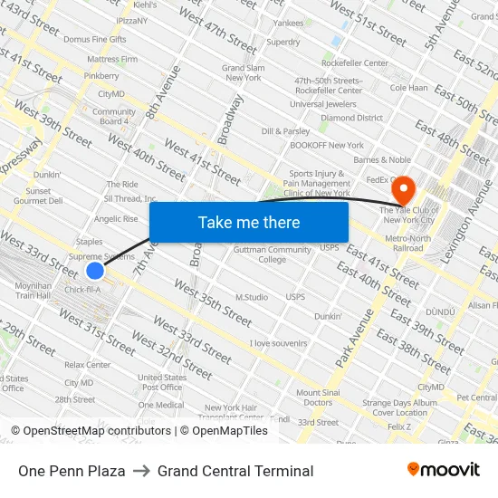 One Penn Plaza to Grand Central Terminal map