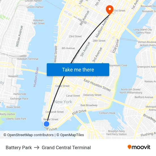 Battery Park to Grand Central Terminal map
