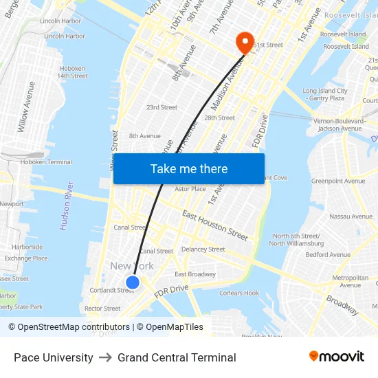 Pace University to Grand Central Terminal map