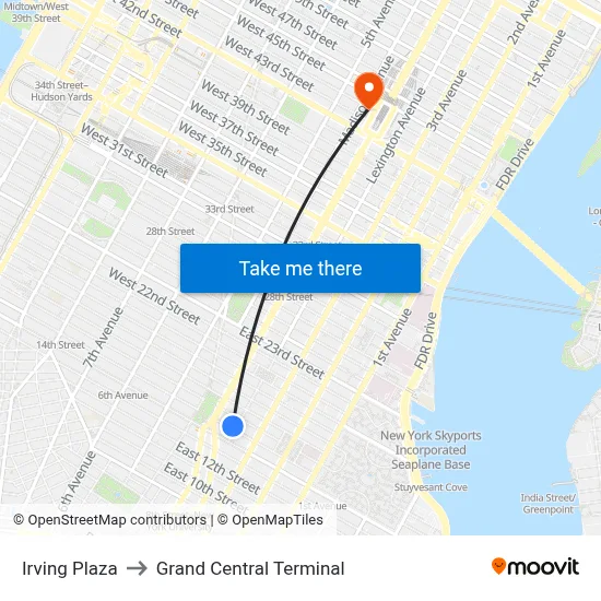Irving Plaza to Grand Central Terminal map