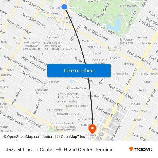 Jazz at Lincoln Center to Grand Central Terminal map