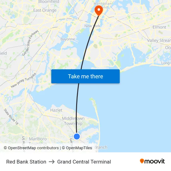 Red Bank Station to Grand Central Terminal map