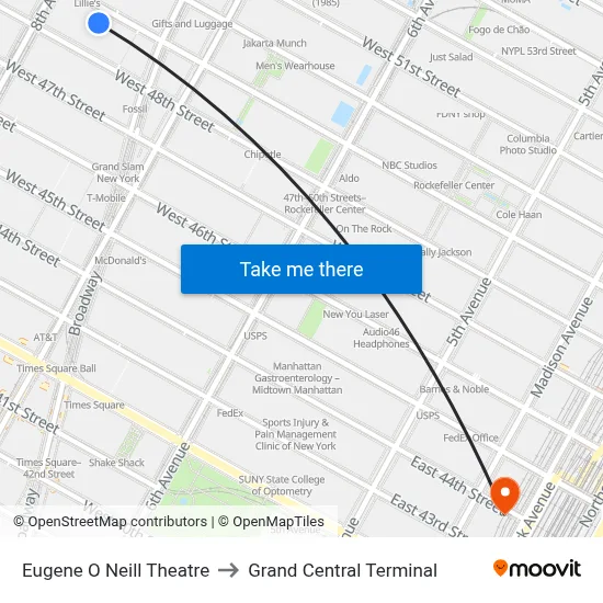 Eugene O Neill Theatre to Grand Central Terminal map