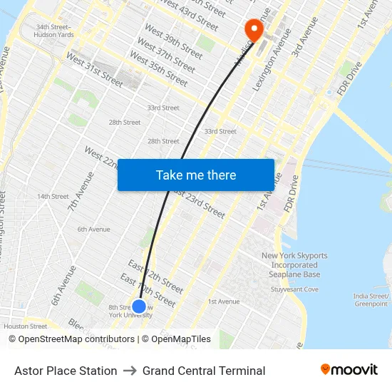 Astor Place Station to Grand Central Terminal map