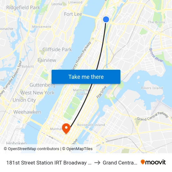 181st Street Station IRT Broadway Seventh Avenue Line to Grand Central Terminal map