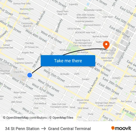 34 St Penn Station to Grand Central Terminal map