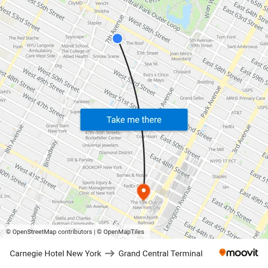 Carnegie Hotel New York to Grand Central Terminal map