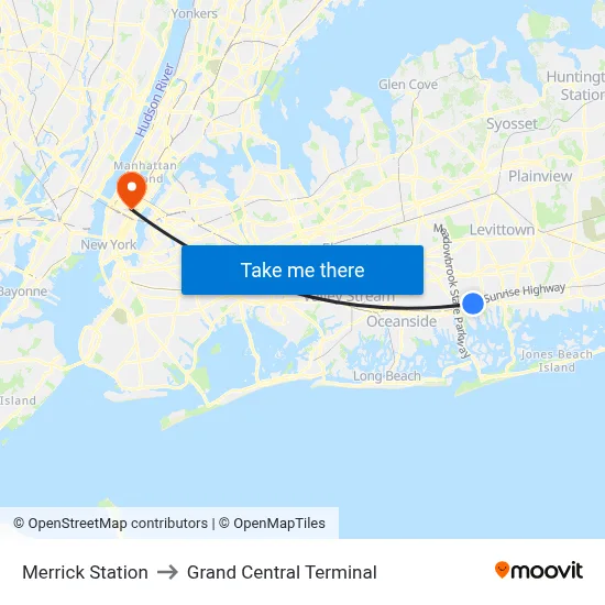 Merrick Station to Grand Central Terminal map