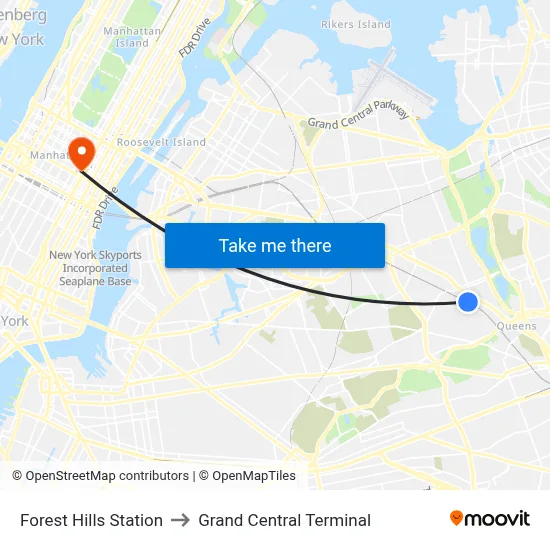 Forest Hills Station to Grand Central Terminal map
