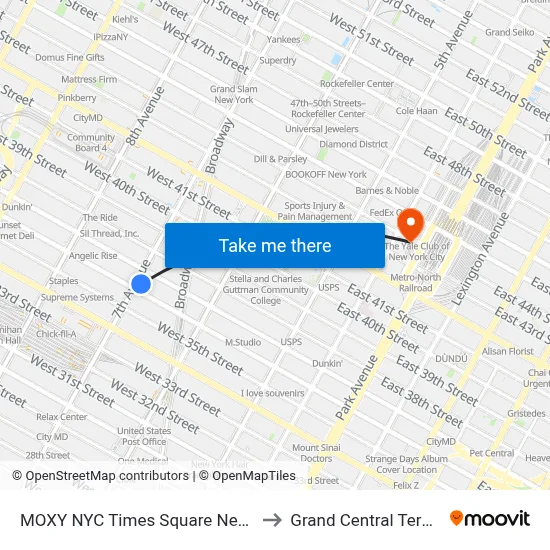 MOXY NYC Times Square New York to Grand Central Terminal map
