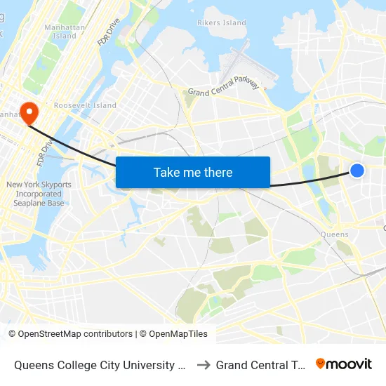 Queens College City University of New York to Grand Central Terminal map