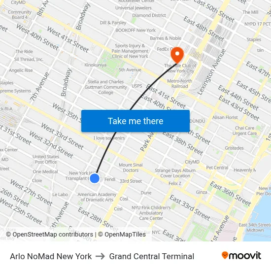 Arlo NoMad New York to Grand Central Terminal map