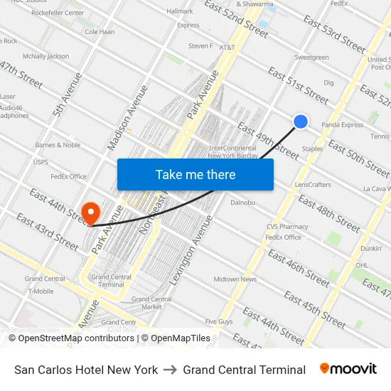 San Carlos Hotel New York to Grand Central Terminal map