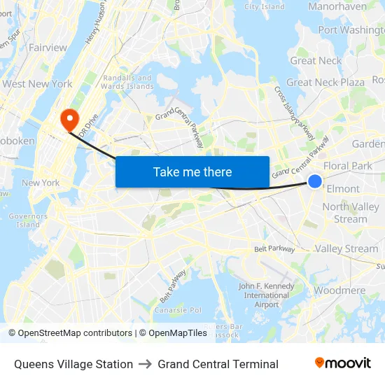 Queens Village Station to Grand Central Terminal map