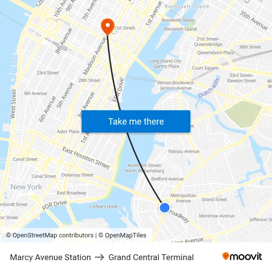 Marcy Avenue Station to Grand Central Terminal map