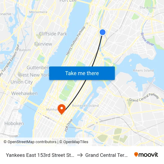 Yankees East 153rd Street Station to Grand Central Terminal map