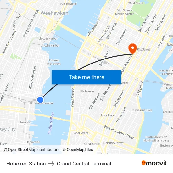 Hoboken Station to Grand Central Terminal map