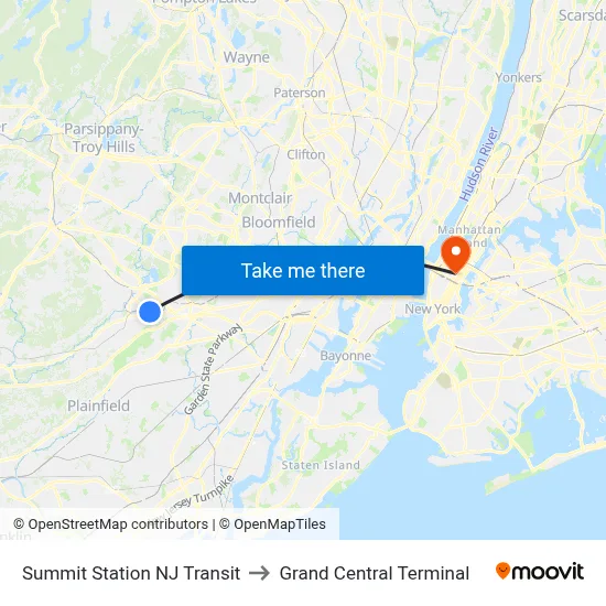 Summit Station NJ Transit to Grand Central Terminal map
