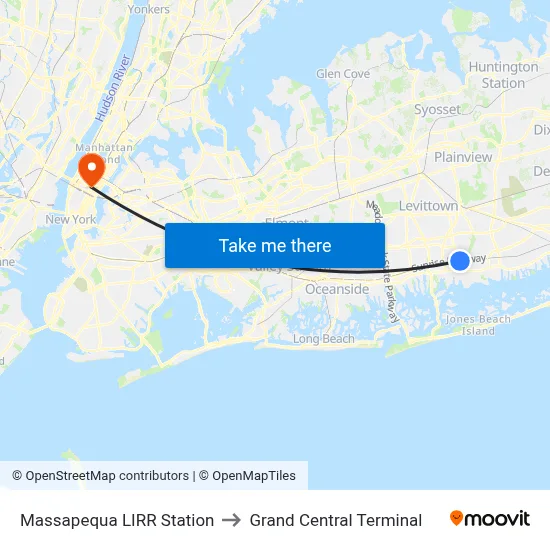 Massapequa LIRR Station to Grand Central Terminal map