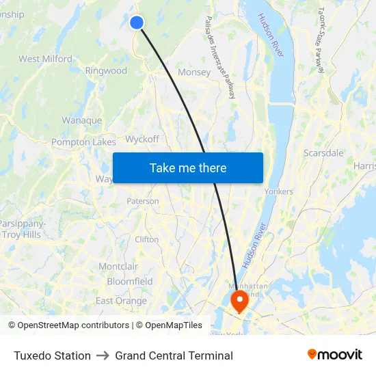 Tuxedo Station to Grand Central Terminal map
