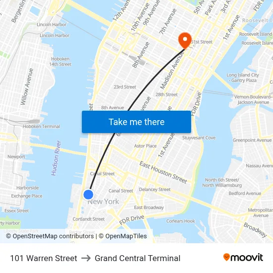 101 Warren Street to Grand Central Terminal map